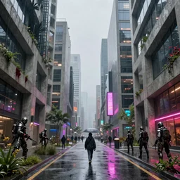 post apocalyptic city building, raining, building, avenue, modern contemporary urban americana concrete architecture, paved roads, by thomas kinkade, pascal blanche, greg rutkowski, shaddy safadi, neil blevins trending on artstation, photorealistic, neon ambiance, ultra detailed, high definition, depth of field, bokeh, wild vegetation, blood stains, crumbling, post - apocalyptic warriors