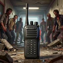 a macro perspective of a walkie - talkie in the center of the picture in rubble in gta v, macro perspective, in a hallway with zombies in the background, stephen bliss, unreal engine, fantasy art by greg rutkowski, loish, rhads, ferdinand knab, makoto shinkai and lois van baarle, ilya kuvshinov, rossdraws, tom bagshaw, global illumination