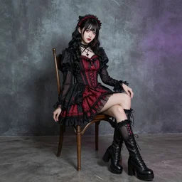 full - length photo, young woman, sitting on chair, gothic clothes, 4 k, colourful