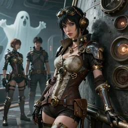 a beautiful steampunk woman leaning against an airship environment | | fine detail!! anime!! realistic shaded lighting!! by ilya kuvshinov katsuhiro otomo ghost - in - the - shell, magali villeneuve, artgerm, jeremy lipkin and michael garmash and rob rey