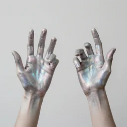 two gesturing hands made from an iridescent material in front of a simple background