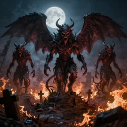a photograph of demon statues demon statues in an overgrown burning graveyard, scary creatures, cosmic horror, morbid art, sharp focus, cinematic, high angel distant shot, moonlight, hyper detailed, 4 k, octane render, deviantart,