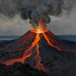close up of a man on the brink of a volcano with flowing lava. painting by arnold bocklin