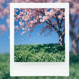 analog polaroid of a blossom tree, petals falling, lush grass, bright colors, azure blue sky, color bleed