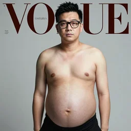 A heavily pregnant shirtless Asian man with a big belly wearing glasses on the cover of Vogue