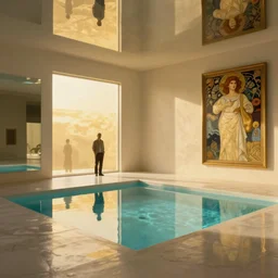 indoor liminal space, golden light, peter tarka, minimalistic, hyperrealistic surrealism, award winning masterpiece with incredible details, epic stunning, infinity pool mirrors, a surreal vaporwave liminal space with mirrors, highly detailed, trending on artstation, artgerm and greg rutkowski and alphonse mucha, daily deviation
