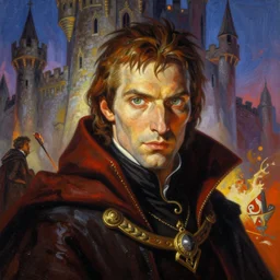 a highly detailed painting of a male sorcerer with piercing eyes in bright vibrant and very detailed castle setting, dynamic light, ambient light, art by frank frazetta, artgerm, michael whelan, chris riddell, giger