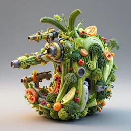 futuristic tactical weaponry made of fruits and vegetables, 3D octane render, extreme detail