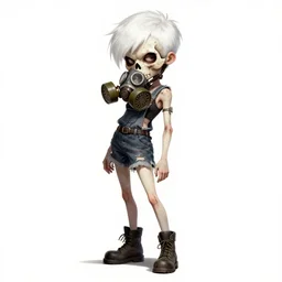a grungy skull woman with white short pixy cut hair, drunk, angry, soft eyes and narrow chin, dainty figure, torn overalls, short shorts, combat boots, gasmask, basic white background, side boob, symmetrical, single person, style of by jordan grimmer and greg rutkowski, crisp lines and color,