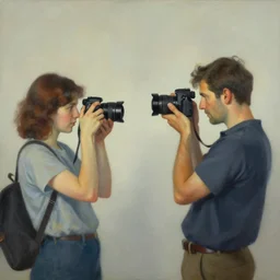 Two people holding cameras and facing each other, by Gertrude Abercrombie