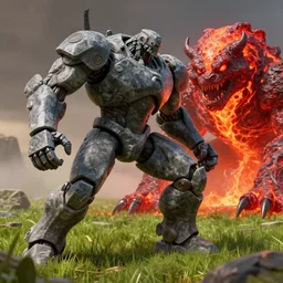 epicly designed very muscular stone obsidian robot with human body fighting against a deadly beast made from lava on a grass field by greg rutkowski