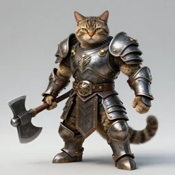 muscled anthropomorphic cat in heavy armor wielding an broad-axe