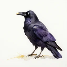 beautiful serene smart raven, healing through motion, minimalistic golden and purple ink airbrush painting on white background