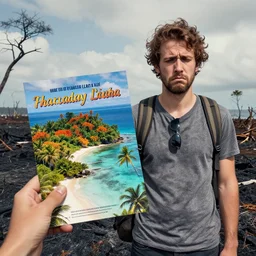 a picture of an unhappy tourist on a burnt island, holding a flyer for a holiday on the same island with lots of vibrant nature, dystopian