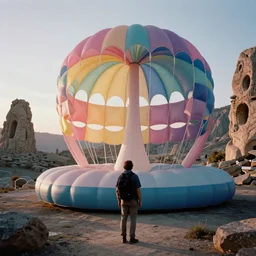 a grainy film photograph pov holiday maker in a dream state alien world. pastel coloured inflatable parachute furniture. stone architecture. ambient light. refraction. sunrise.