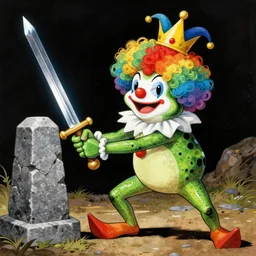 clown frog king pulls the sword from the stone, clown excalibur, clown frog king wearing clown makeup and rainbow wig, clown crown artwork by Moebius