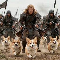photos of warriors riding happy looking corgi dogs into battle, photorealistic, cinematic, in the style of peter jackson