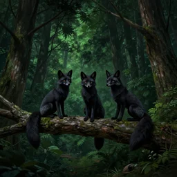 three black foxes sitting on a high branch in a dense green forest, black sky, night time, extreme low angle shot, detailed illustration, hd, overdetailed art, by greg rutkowski, trending on ArtStation, concept art, cgsociety, octane render, trending on artstation, artstationHD, artstationHQ, unreal engine, 8k