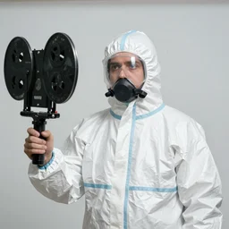 a man wearing a hazmat suit, film still, arriflex