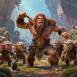 Strong barbarian human enraging at a group of goblins | d&d | hyperrealistic | pixar | volumetric lighting |