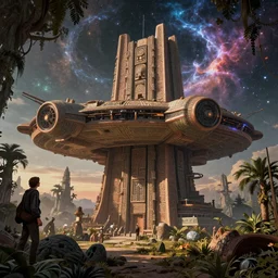 Retro futuristic Sci-Fi space forest scene, Giant Aztec spaceship, nebulas swirls, dusk lighting, intricate details ,by denis villeneuve, Ridley Scott, Greg Rutkowski and Alphonse Mucha