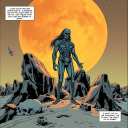 detailed photorealistic last human on earth stand comic panel story in the style of moebius mike mignola william gibson paul lung roberto bernadi issues 2