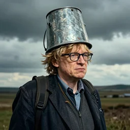An epic fantastic realism ,stephen hawking with a bucket on his head , hyperrealistic, dynamic lighting
