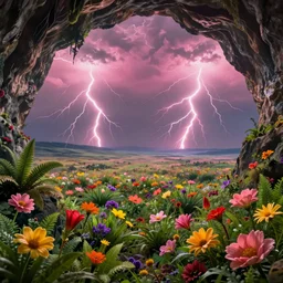 inside of a cave with a hyper - realistic bright coloured natural flowers and ferns : 4, overlooking a endless plain with pink lightning clouds : 2 highly symmetrical, balanced, lightning clouds : 4, octane render, in the style of sahm : 3 hd, 4 k, ultra - realistic, in unreal engine