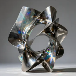 metal sculpture geometric twisting forms and iridescent glass elements with sunlight rainbow reflections style of ivan black, jack storms yunchul kim anthony howe, octane, 4 k, architecture digest