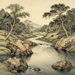 a beautiful landscape, river, rocks, trees, intricate, elegant, highly detailed