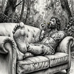 realistic, elegant, intricate detail, big foot chilling out on sofa in the woods smoking weed, by greg rutkowski dynamic wide angle lens, pencil and ink, dramatic lighting,