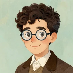 jewish young man with glasses, dark short curly hair smiling, illustration in the style of beatrix potter