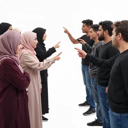 photograph two mobs taunting each other. left mob has hijab wearing women, right mob has angy geert wilders and torch - wielding people, shouting, crazy eyes, atmospheric lighting, by joel meyerowitz, by saul leiter