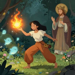 smiling hapa sorceress in trousers wearing trousers casting a fireball and chasing will-o-wisps in a garden, orthodox saint, by Greg Rutkowski, breathtaking digital 2d cover art