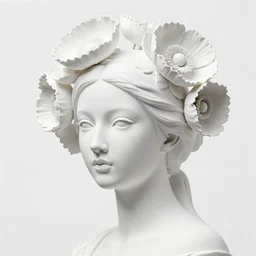 full head and shoulders, beautiful female porcelain sculpture by daniel arsham and audrey kawasaki, smooth, all white features on a white background, delicate facial features, white eyes, white lashes, detailed white 3 d giant poppies on the head