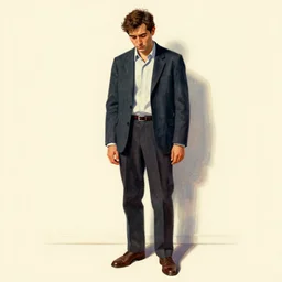 beautiful graphic full body portrait by petros afshar, a depressed sad man, 1 9 7 0 s illustrated advertising art, painterly character design by petros afshar, quint buchholz, cuno amiet, will barnet, hsiao - ron cheng