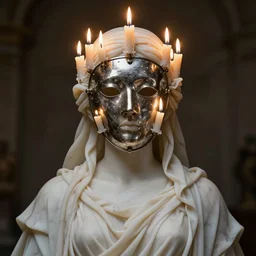 a delicate renaissance wax goddess in steel full-face mask covered with many burned candles, highly detailed marble cloth, gi, global illumination, physically based rendering, photorealistic, top light, by Livio Scarpella, Urs Fischer, Jin Shan, Mooniq Priem and Nicola Samori