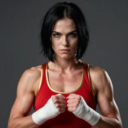 a portrait of cara delevingne, muscular, wearing red tanktop with gold lining, white bandages on fists, black hair, short - medium length hair, serious, style by donato giancola, wayne reynolds, jeff easley dramatic light, high detail, cinematic lighting, artstation, dungeons and dragons
