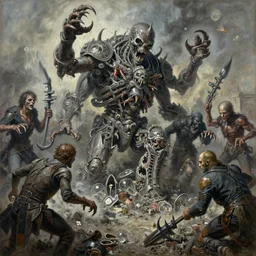 oil painting of 1 9 7 8 battle - panorama nightmare machine in chalk clusters terrors clawed weapons held in necrotized skirmish stewing rococo glass fang garbage, by alberto bontempi, shigeru komatsuzaki, wayne d barlowe, alex ross, enric torres, simon bisley & boris vallejo, hyper realism, cinematical