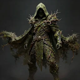 concept art, male ranger wearing a hooded cape made of vines and thorns, detailed, high quality, dynamic lighting, dark fantasy. artwork by artgerm, wlop, alex ross, greg rutknowski, alphonse mucha