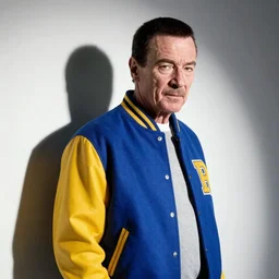 gus fring in a royal blue varsity jacket with yellow sleeves, still from breaking bad