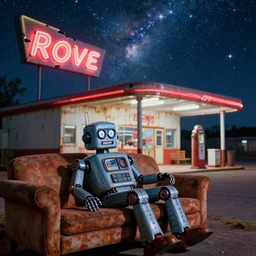 A 1960s robot! on couch in front of a rusted! gas station. The stars! of the Milky Way shine above a broken neon sign realistic, raytracing, 8K glow, fantasy concept art by Greg Rutkowski