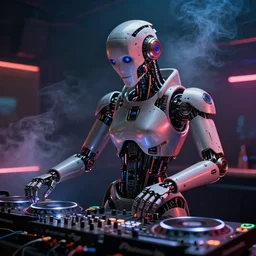 futuristic atompunk robot dj at a techno music club, smoke in the air, very detailed, intricate, hyperrealistic, dark background, colored light
