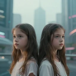 portrait of 2 5 - year - old woman godess with angle 9 0 ° centred looking away fresh air, strong spirit, 8 k, cinematic scene, background city blured futuristic