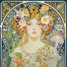 hyperrealistic detailed portrait of an oriental young ivory girl, with flowers, butterflies, corals, sea kelp, sea plants, fish, starfish, jellyfish, diamonds, filaments, golden filigree, neon lights, art by ernst haeckel, john william godward, hammershøi, alphons mucha, pontormo, ornamental, decorative, art nouveau wallpaper, lights by hopper, pastel deep colours,