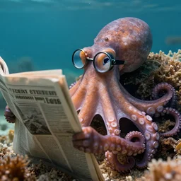 an octopus with a monocle reading a newspaper. nature photography