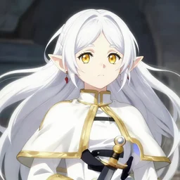 renaissance anime brave elf girl with white skin and dagger, wide golden eyes, hair blowing the wind, dramatic pose, studio light, trending art, fashion photography, centered, hyper detailed, bokeh, studio glibly makoto shinkai, wlop