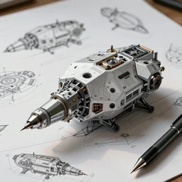 Geometric mining spaceship, drills on the front. Engineering technical drawings, ballpoint fine pen, futuristic.