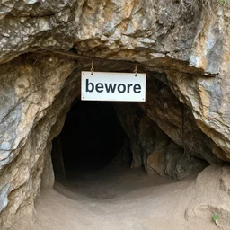 “a cave with a small opening with a sign that says ‘beware’ hanging above it”