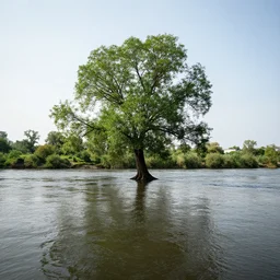 a photo of tree in a middle of a river taken with a wide angle lens.